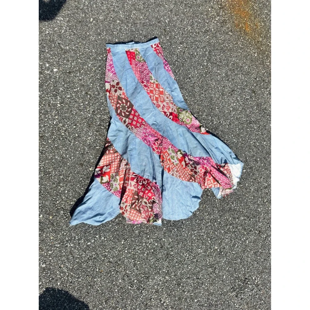 70s Vintage Spiral Patchwork Maxi Skirt Blue Denim Boho Floral Red Pink 23 Waist